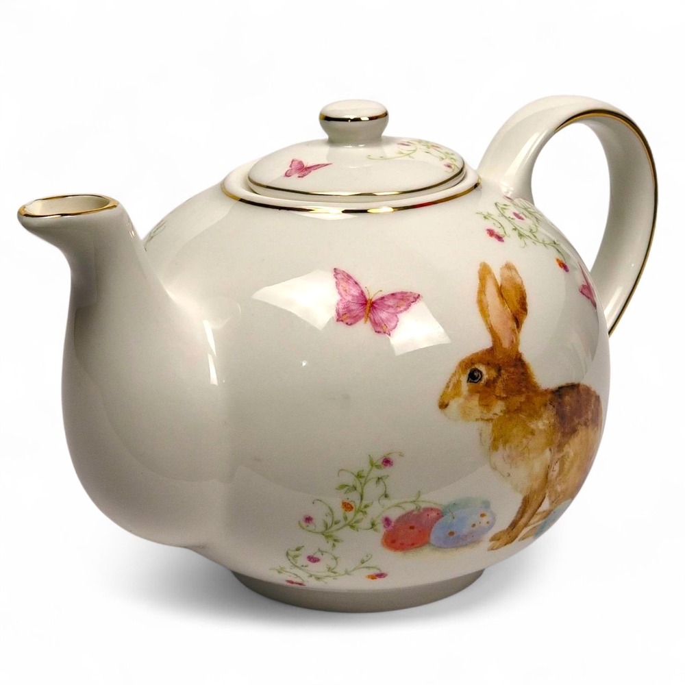 Kathryn White Coastline Porcelain Teapot Easter Bunny Rabbit Gold Trim Spring